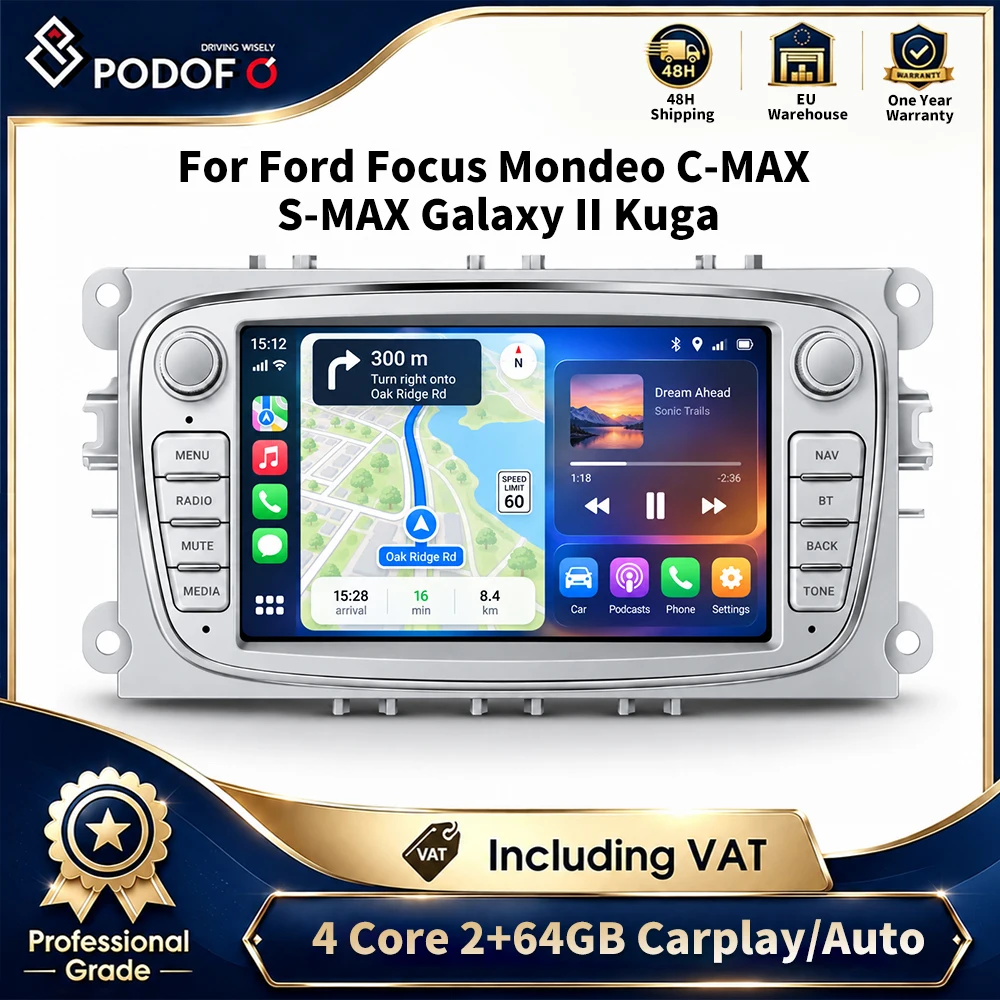 Autoradio Podofo Android 13 a doppio DIN con schermo capacitivo da 7 pollici, 2GB+64GB, navigazione GPS, WiFi, Bluetooth, FM, RDS, lettore musicale USB, CarPlay wireless, Android Auto, Mirror Link per