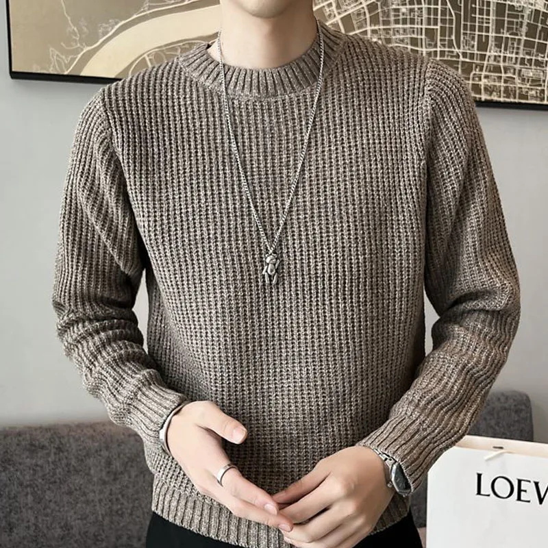 New Autumn/Winter Fashion Trend Thickened Round Neck Solid Color Versatile and Handsome Casual Men's Knitted Long Sleeve Sweater