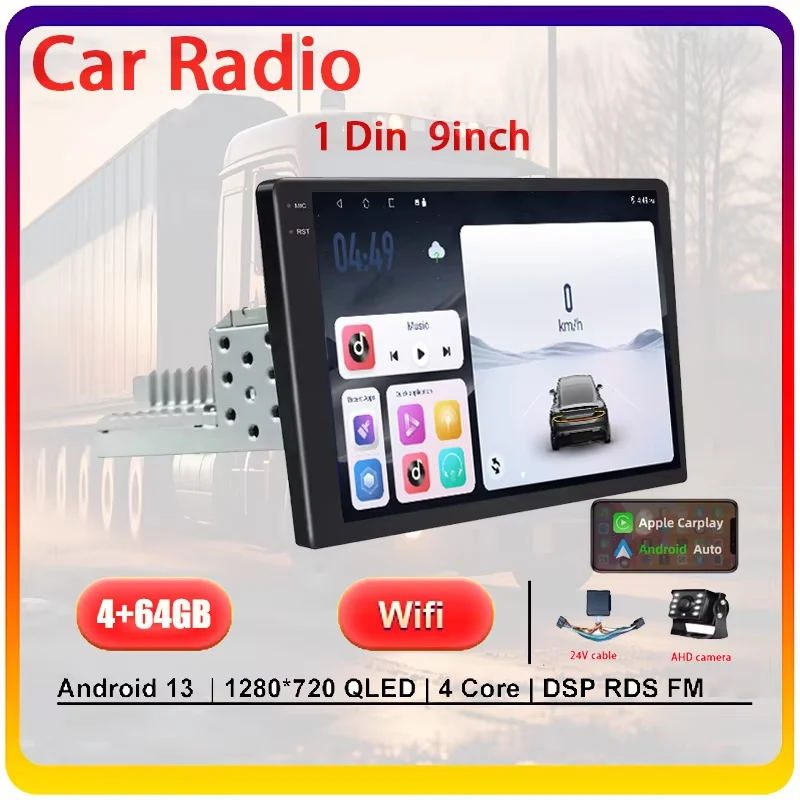 

9” Android 1DIN Truck Multimedia CarPlay Android Auto Universal Navigation GPS Bluetooth Radio Sound Stereo