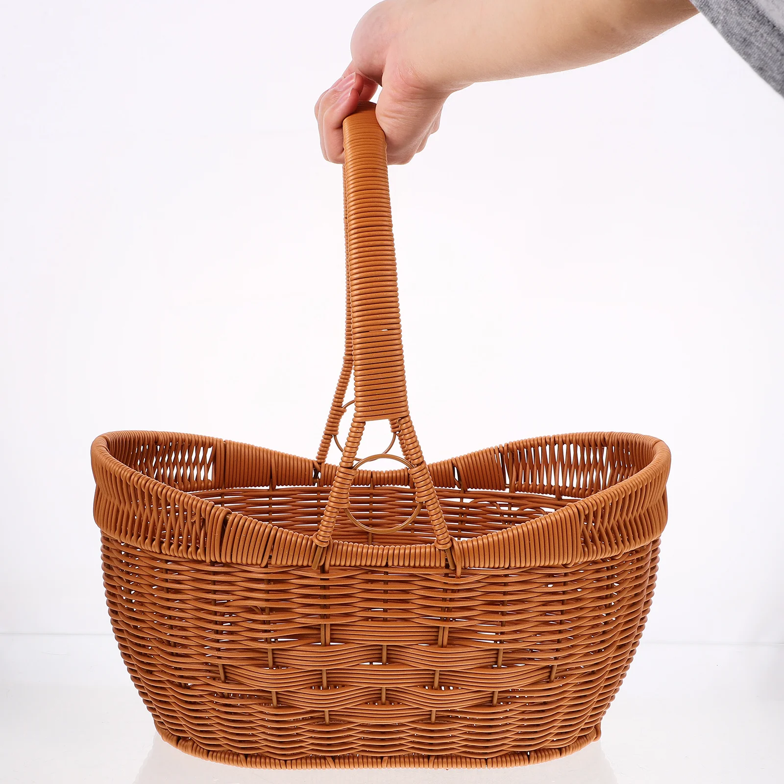 

1pc Gold Ingot Design Imitation Rattan Picnic Basket Woven Storage Basket For Outdoor Camping Fruit Vegetable Picking Travel