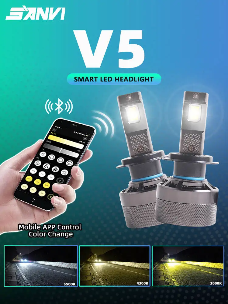 SANVI phare LED multicolore H4 APP contrôle Bluetooth 3000K ~ 6000K 180W H7 LED H1 H11 HB3 HB4 9012 ampoules automatiques lumières LED de voiture