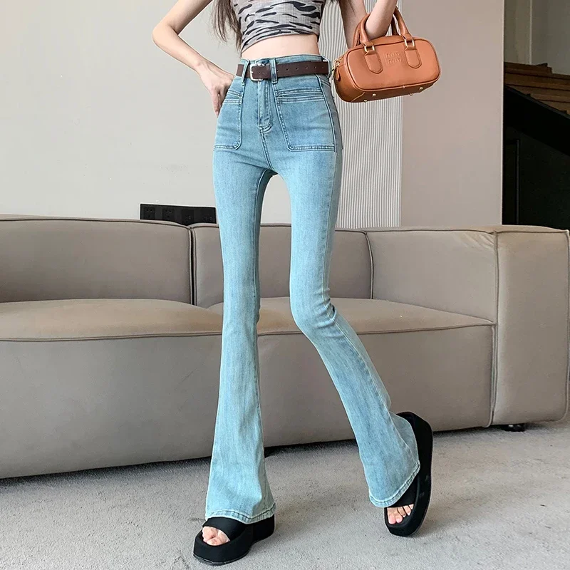 

Ladies Vintage High Waisted Jeans Woman Streetwear Lim-Fit Denim Trousers Girls Casual Denim Bell-bottoms Female Pants VAL7039A