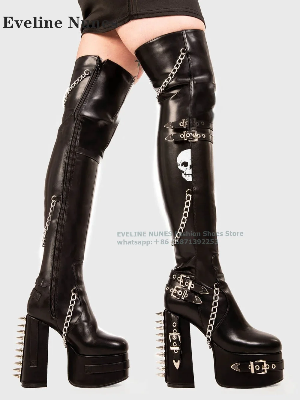 Platform Rivet Belt Buckle Punk Women Booty Round Height Increasing Metal Chain Skull Print Over The Knee Boots Cool Dark Trend