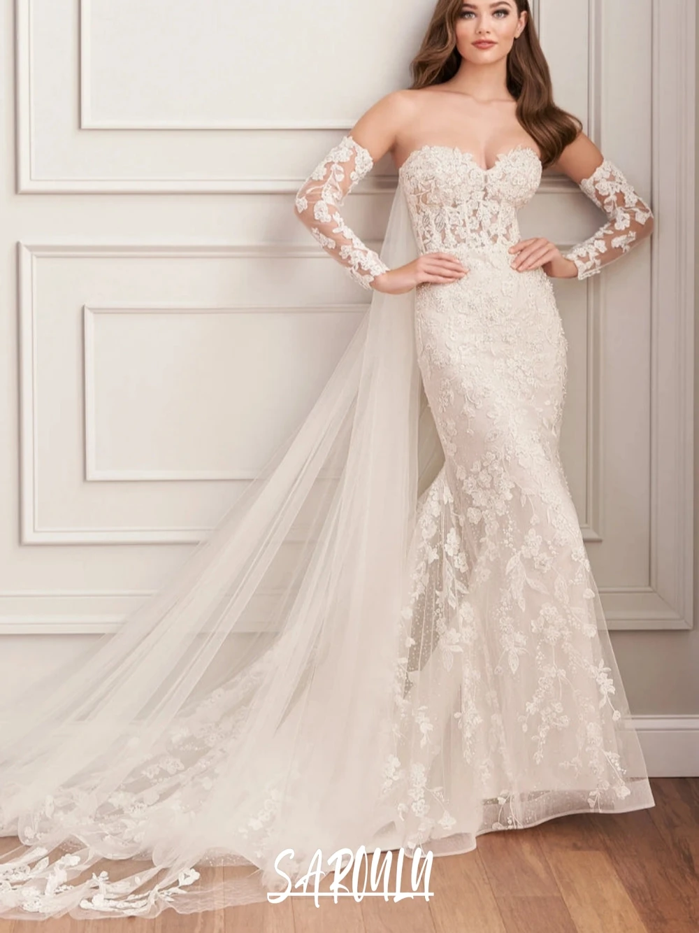

Fashionable Beaded Appliques Wedding Dress Charming Sweetheart Neckline Mermaid Bride Wear Customized Lace Tulle Bridal Gown