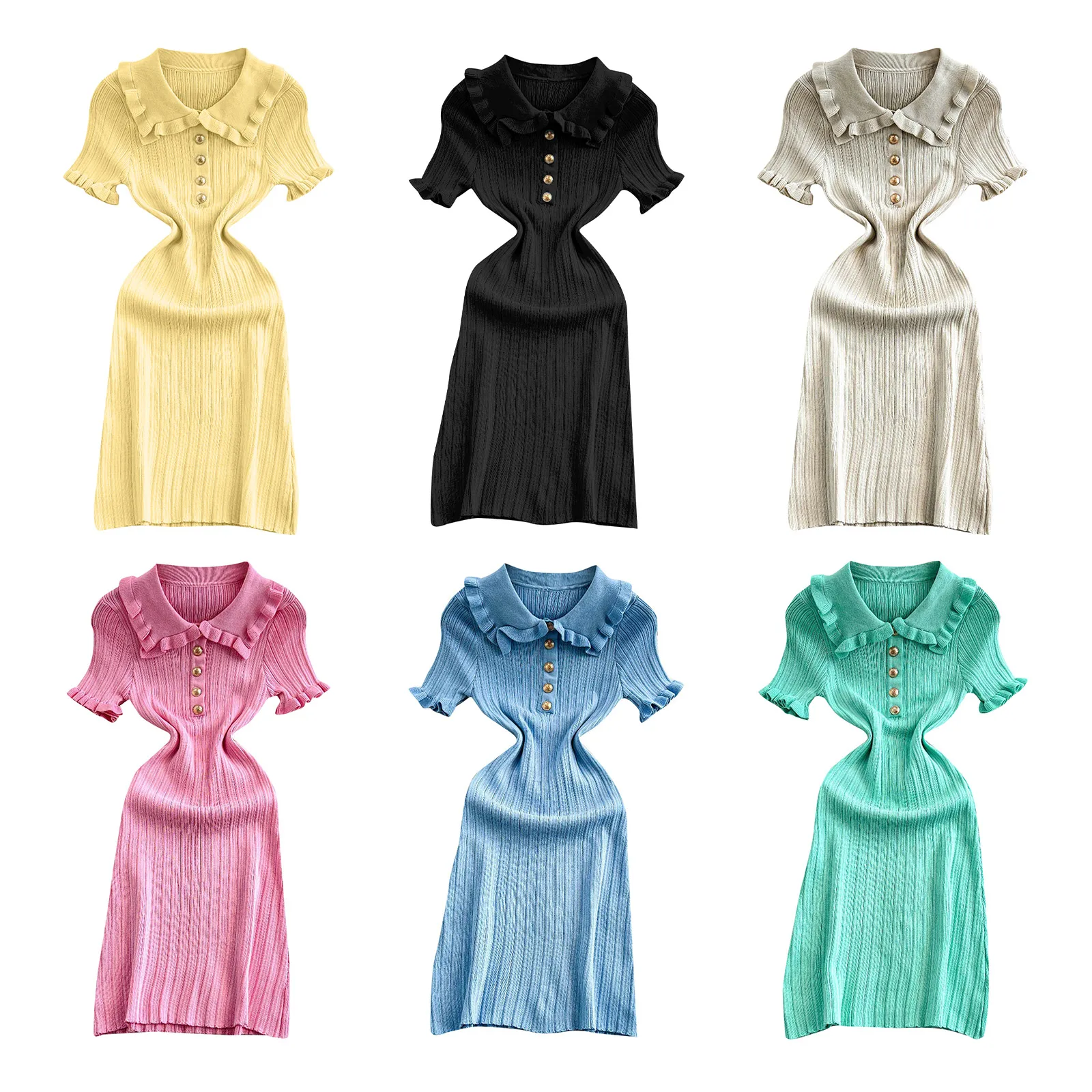 

2025 Women's Elegant Knitted Bodycon Dress Short Sleeve Vintage Buttons Stretchy Textured Dress for Causal Office Birthday Party