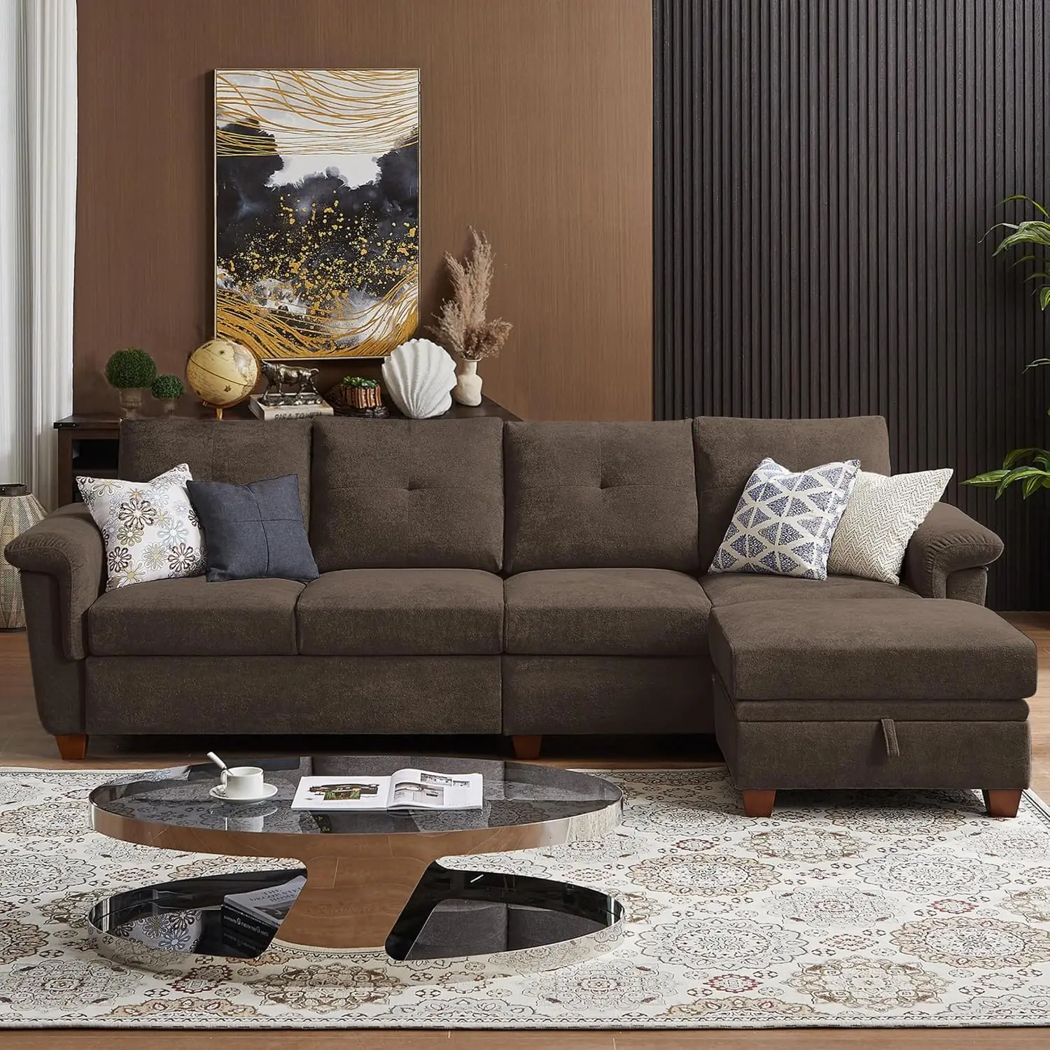 108'' L Shape Sectional Sofa, 4 Seat Fabric Couch for Living Room, Customized