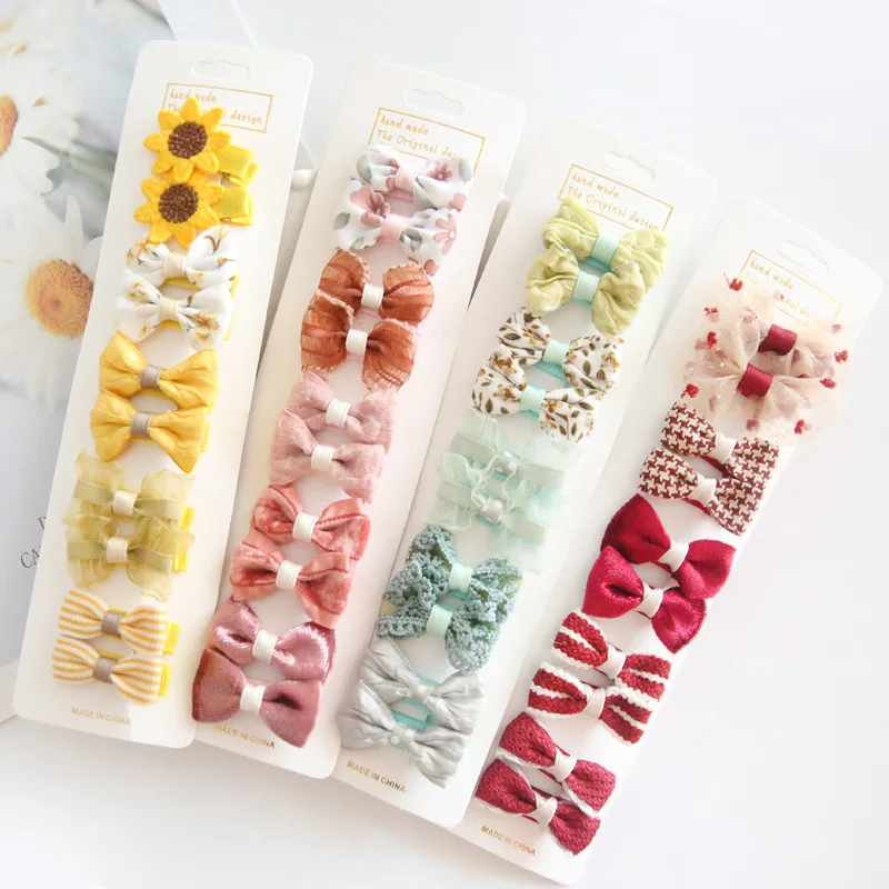

Set of 10 Girls' Korean Style Handmade Fabric Bow & Sunflower Hair Clips Full Cover Duckbill Clamps Non-Damaging
