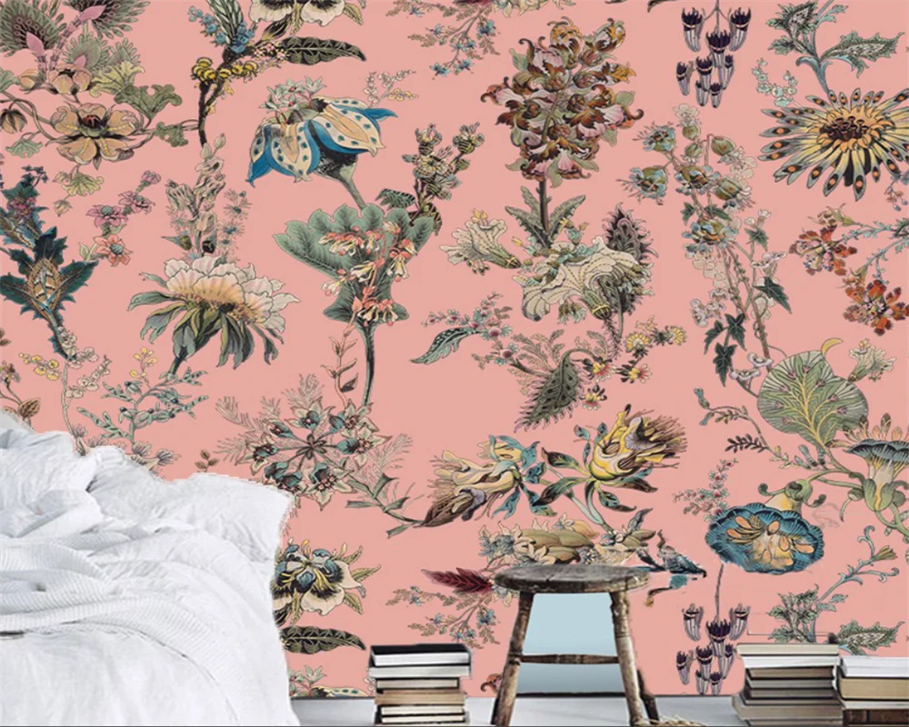 

beibehang papel de parede Custom French Modern Fashion Light Luxury Pink Dark Flower Background Bedroom Living Room Wallpaper