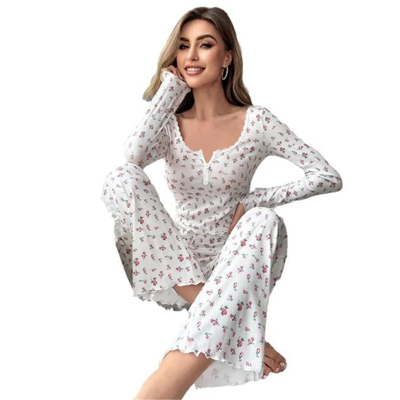 

Sleepwear Women Floral Print Lettuce Trim Top with Long Pant Lovely Loungewear Full Sleeve Nightwear Spring Autumn Pajamas Set