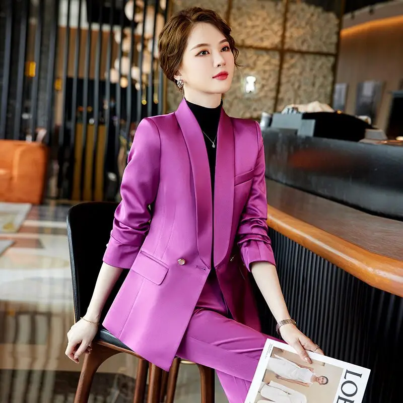 Design Shawl Collar Women Purple Green Blazer Suit Pants Set Luxury Satin Silk Coat Streetwear Office Banquet Fest Grace Jackets