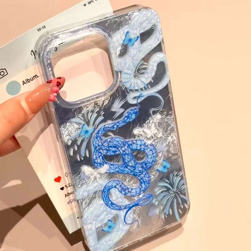 

Phone Case For iPhone 16 15 14 13 12 11 Pro Max XS XR X 7 8 Plus SE2 Oriental Style Snake Firework Glitter Glacier Pattern Cover