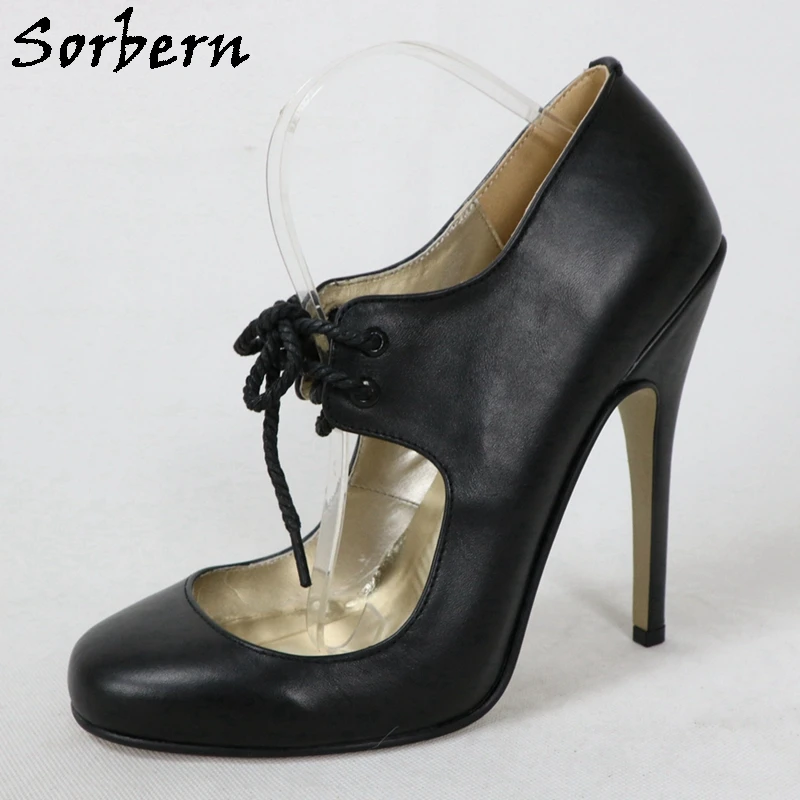 Sorbern Vintage Round Toe Women Pumps Mary Jane Real Leather Lace Up 16Cm Stilettos High Heel Fetish Sisy Boy Shoe Custom