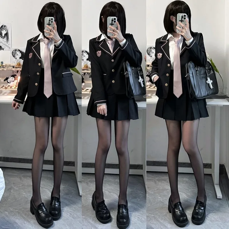 Japanese School Uniform Girls Plus Size Jk Suit Red Tie Black Three Basic Sailor Uniform Women Long Sleeve Suit