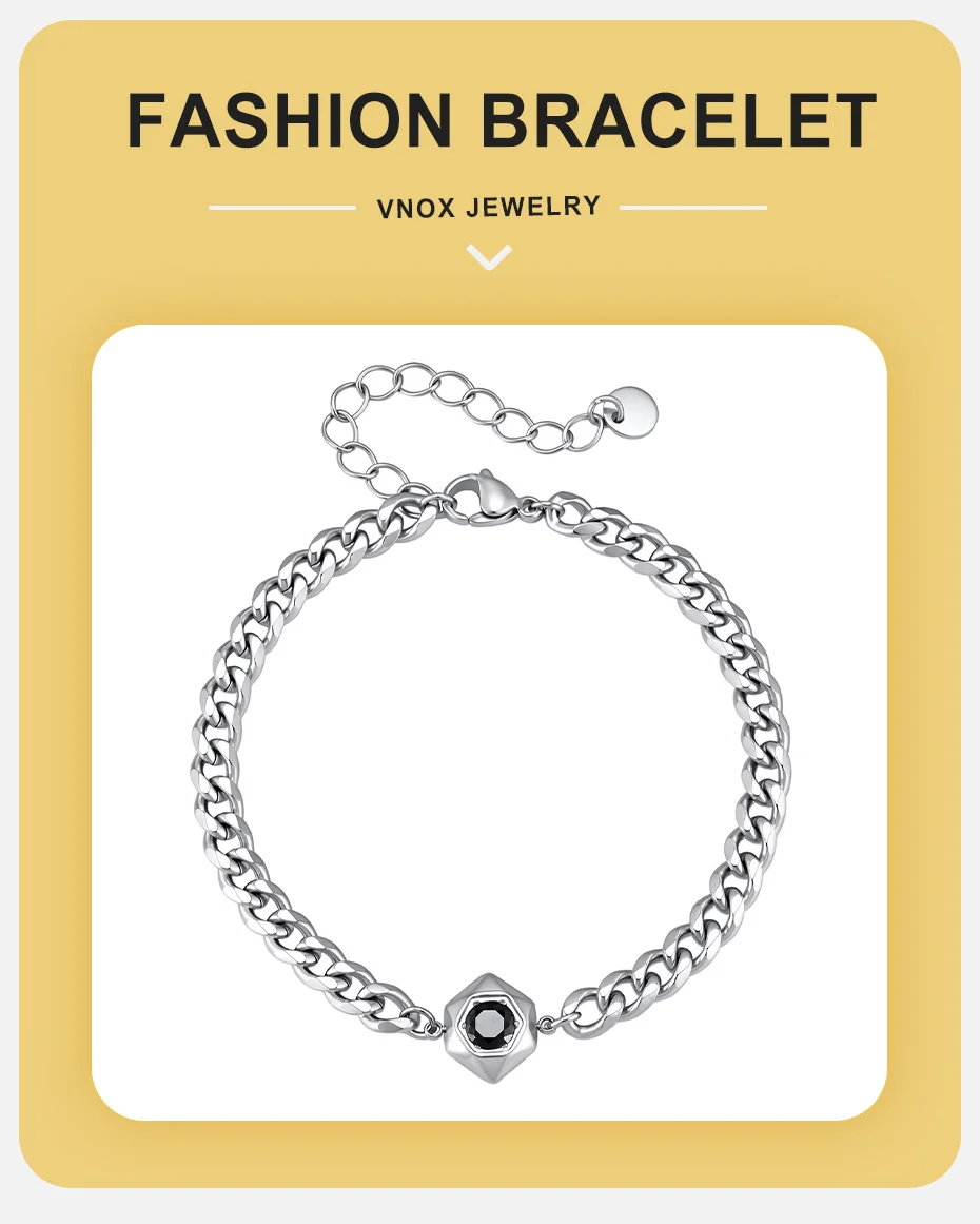 Vnox Herren-Schmuckset aus Edelstahl, Hexagon-Halskette mit schwarzem Zirkon und Armband mit Panzerkette, Punk-Hip-Hop-Männer-Accessoire, Geschenk – Detail 1