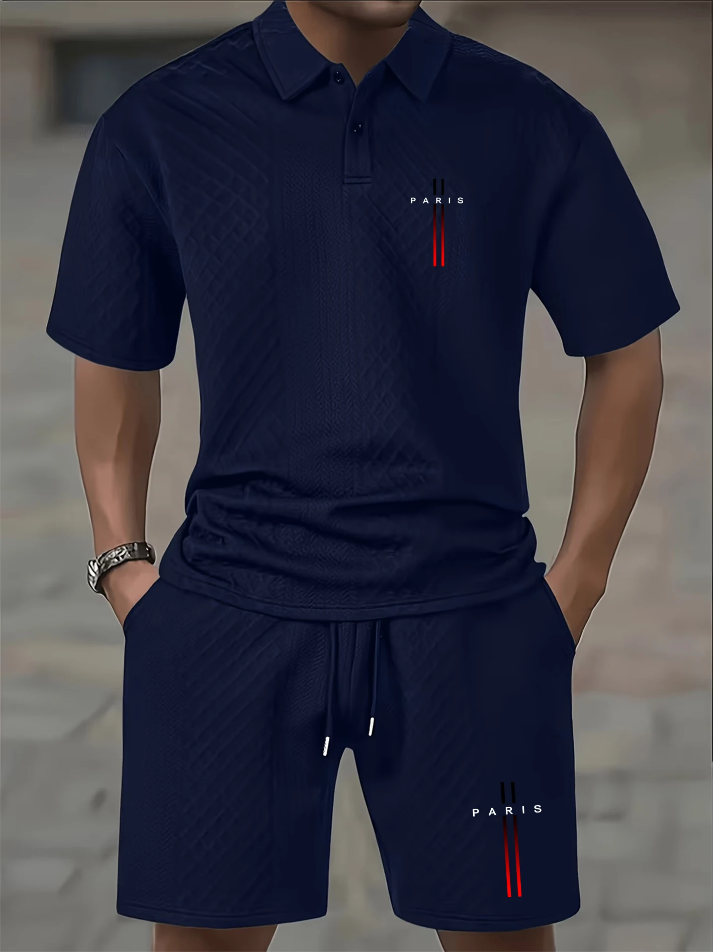 

Men's Waffle-Knit Polo Set, Breathable Textured Fabric, Slim-Fit Lapel Top with Two-Button Placket, Versatile for Casual Sports