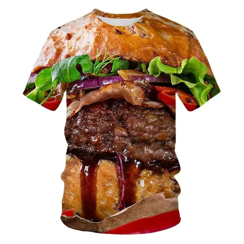 Food Graphic Burger Fries 3D Harajuku Print Fun Casual Men\'s And Women\'s Personality Hip Hop Street O-Neck Short Sleeve T-shirt