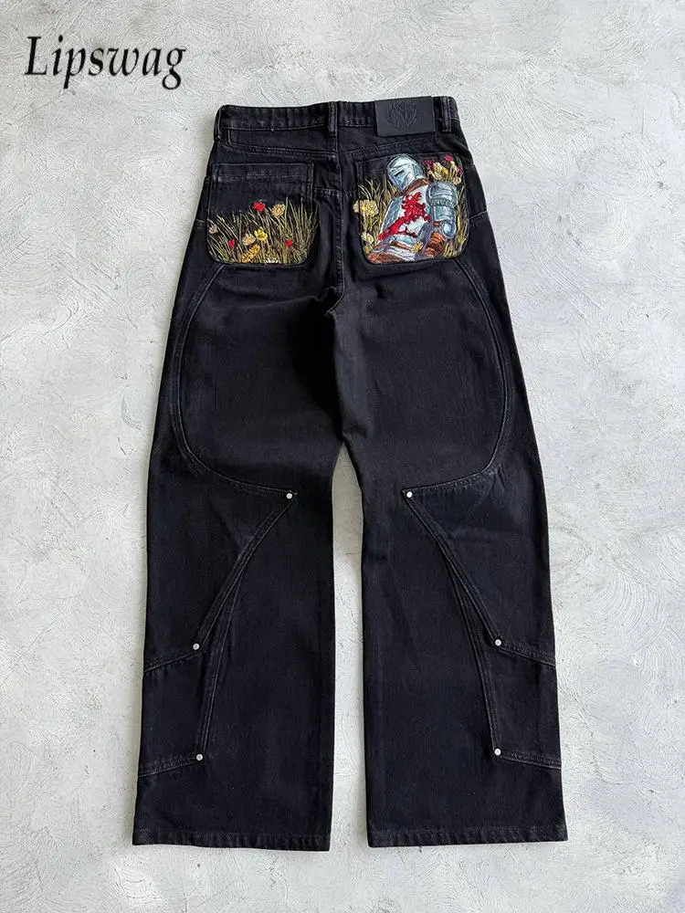 

Fashionable Men's Straight Jeans Autumn Winter Outdoor Casual Patchwork Embroidery Denim Pants Men Stylish Loose Jean Trousers