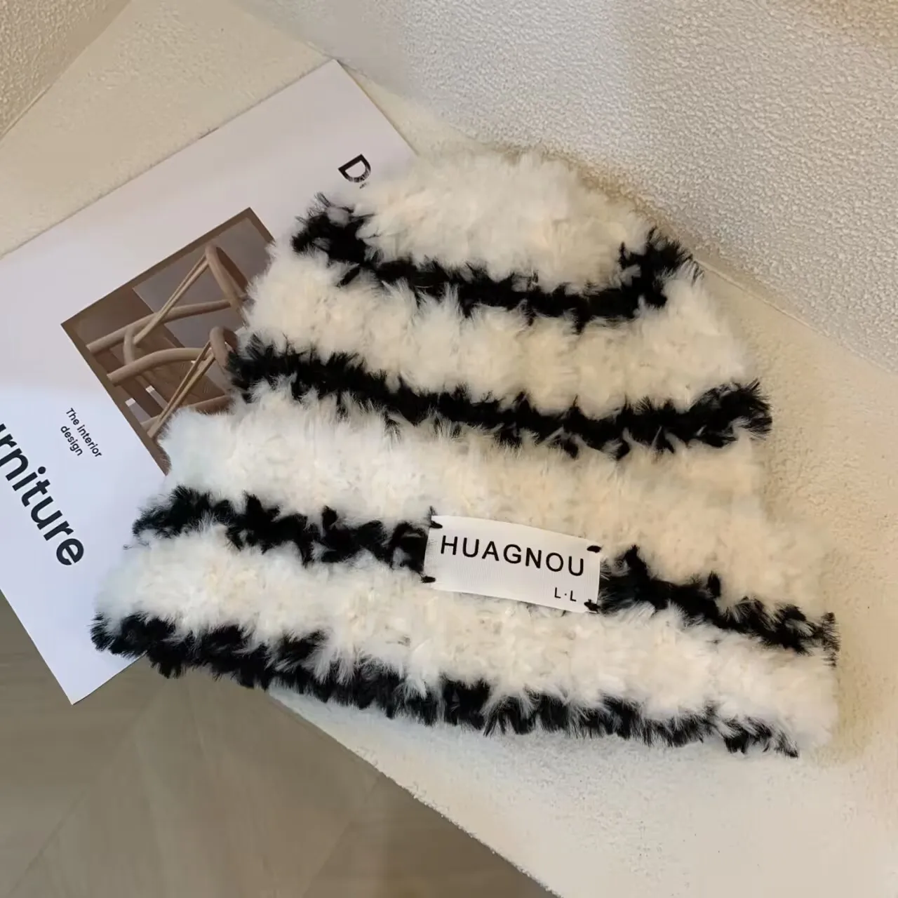 

Striped Fleece Knit Hat Korean Fashion Design Large Size Face Slimming Warm Beanie For Women Girls Winter Casual Trendy