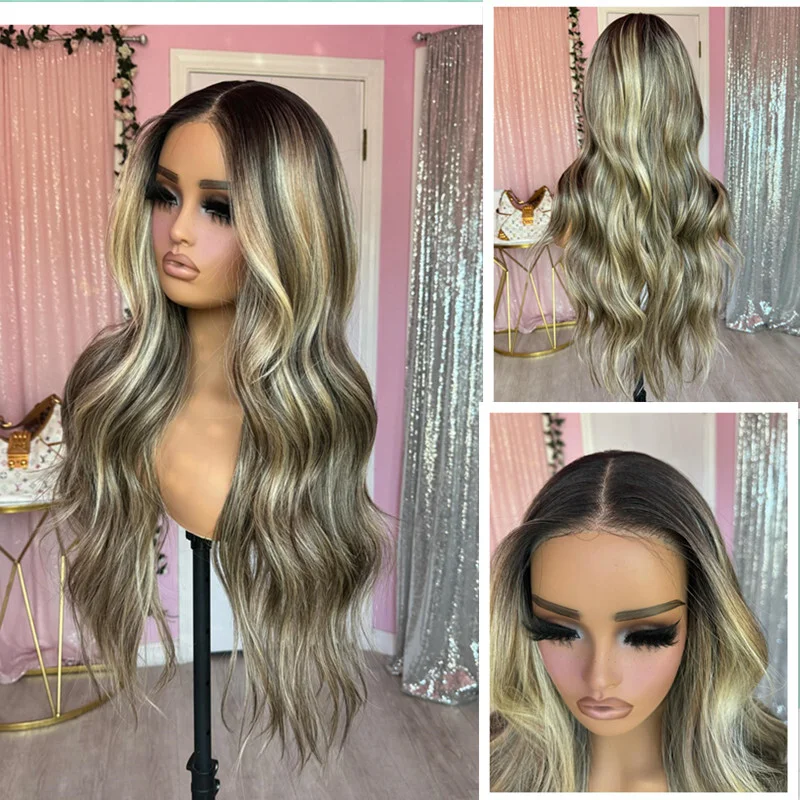 Balayage Ash Brown with Honey Blonde Highlights Wavy Lace Front Human Hair Wigs