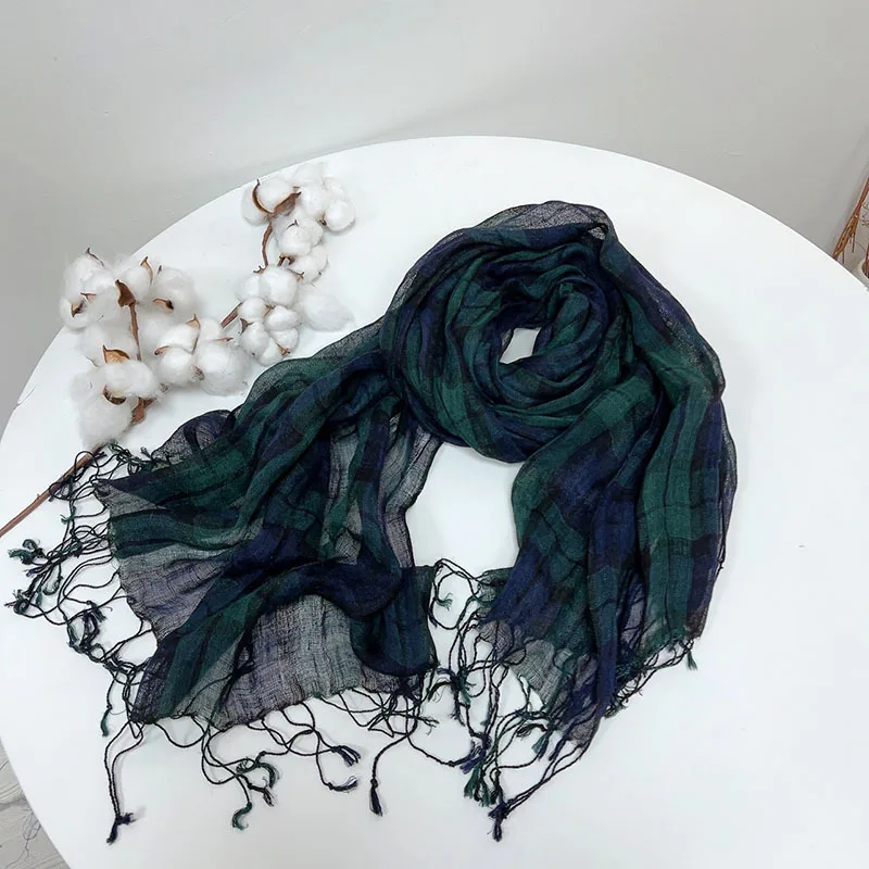 High Quality Pure Linen Lady Scarf Japanese Plaid Retro Green Breathable Shawls and Scarves