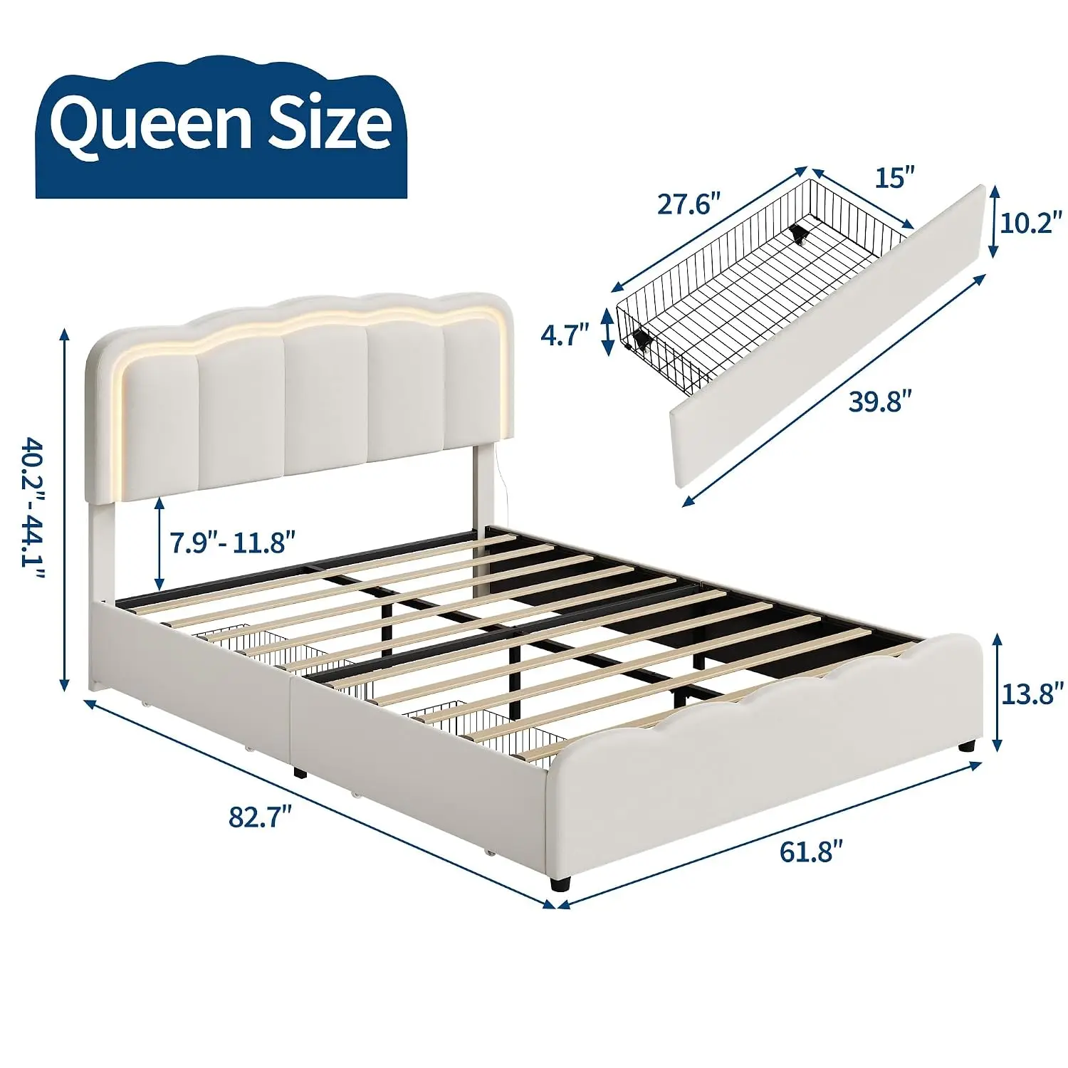 Queen Bed Frame, Platform Bed with 2 Large Storage Drawers,Beige, Customized