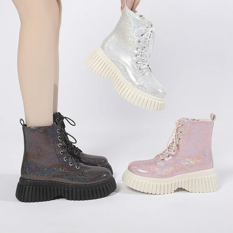 Korean Fashion Sparkling Sequin Lace Up Boots Wedge Thick Soled Shoes Autumn Winter Woman Warm Platforms Ankle Boots