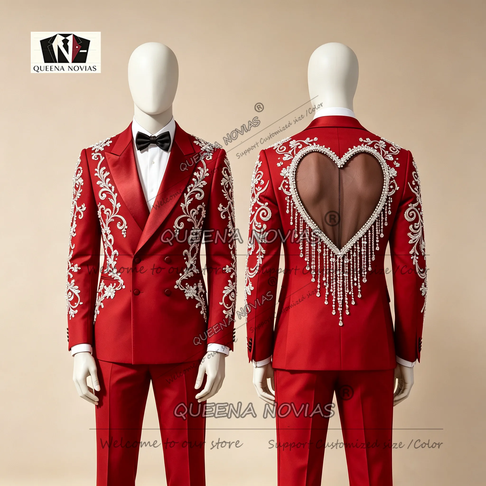 Luxury Doubel Breasted Suits Men Slim Fit Diamnd Beading Cut-Out Back Prom Blazer Customized Groom Wedding Tuxedo Terno Masculin