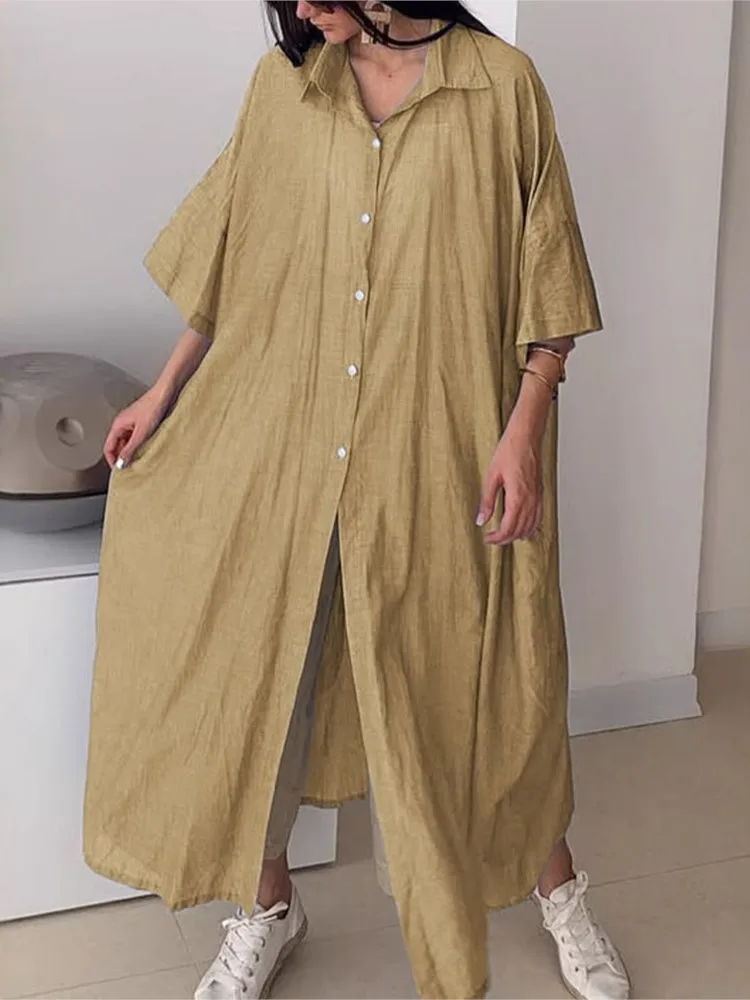 فستان نسائي كاجوال سادة موضة نصف كم بياقة مقلوبة قمصان فضفاضة فساتين للنساء عطلة مكتب الملابس النسائية الجديدة