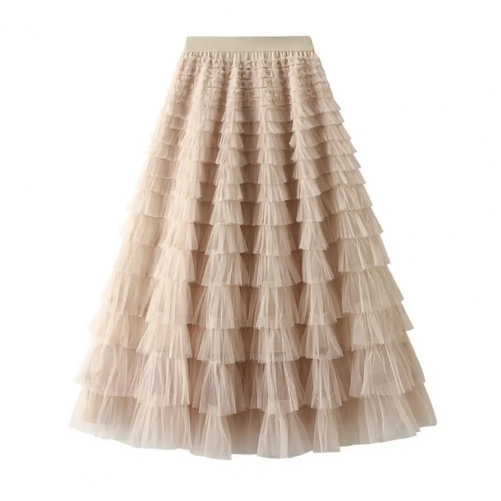 Women Skirt Elegant Multi-layer A-line Skirt with Elastic High Waist Solid Color Long Skirt for Women Gauze Mesh Splicing Cake