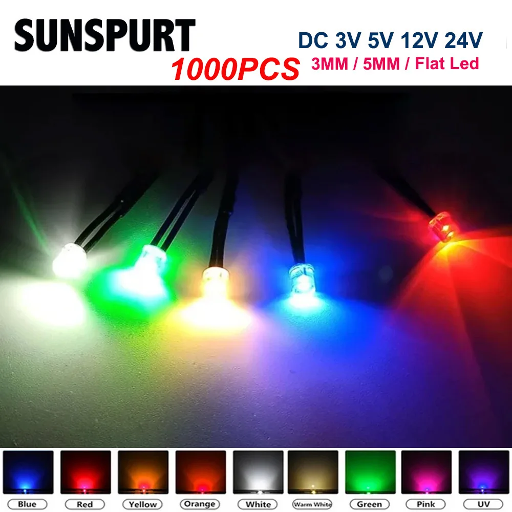 20-1000-3mm-5mm-3v-5v-12v-24v-led-red-green-blue-white-rgb-uv-pink-orange-pre-wired-water-clear-flat-led-light-emitting-diodes