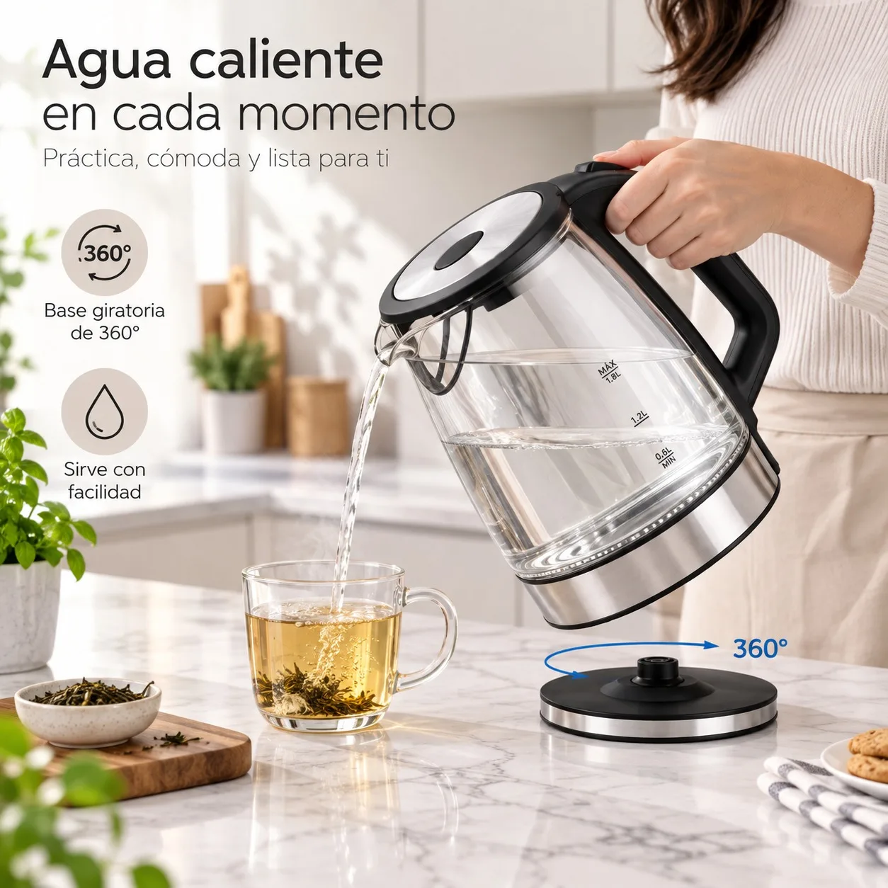 Bollitore elettrico in vetro borosilicato da 1,8 litri con illuminazione a LED blu, bollitore elettrico da 2000 W con spegnimento automatico e base girevole a 360 gradi, ideale per cucine e uffici