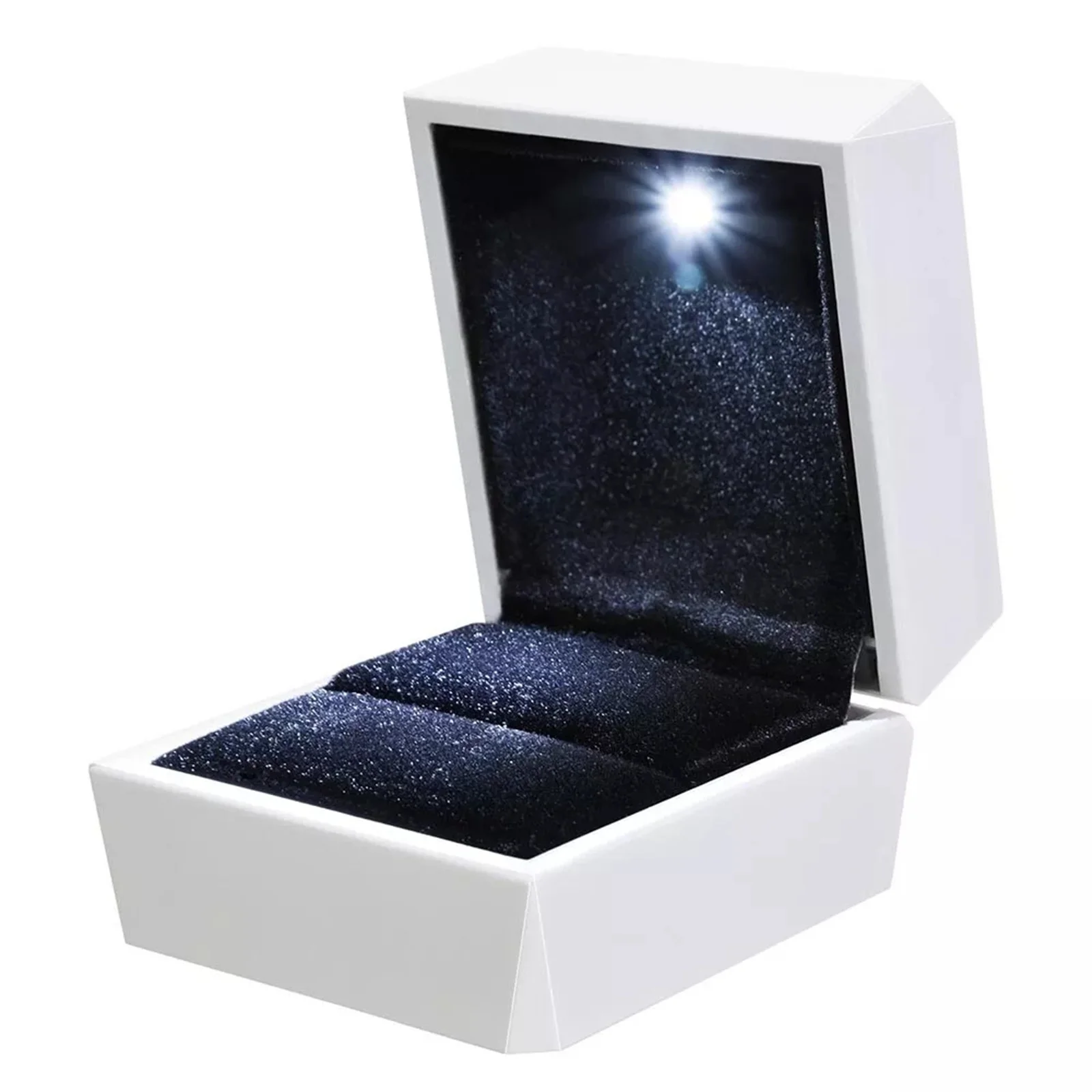 Diamond Ring Box White LED Light Velvet Jewelry Gift Engagement Wedding Proposal