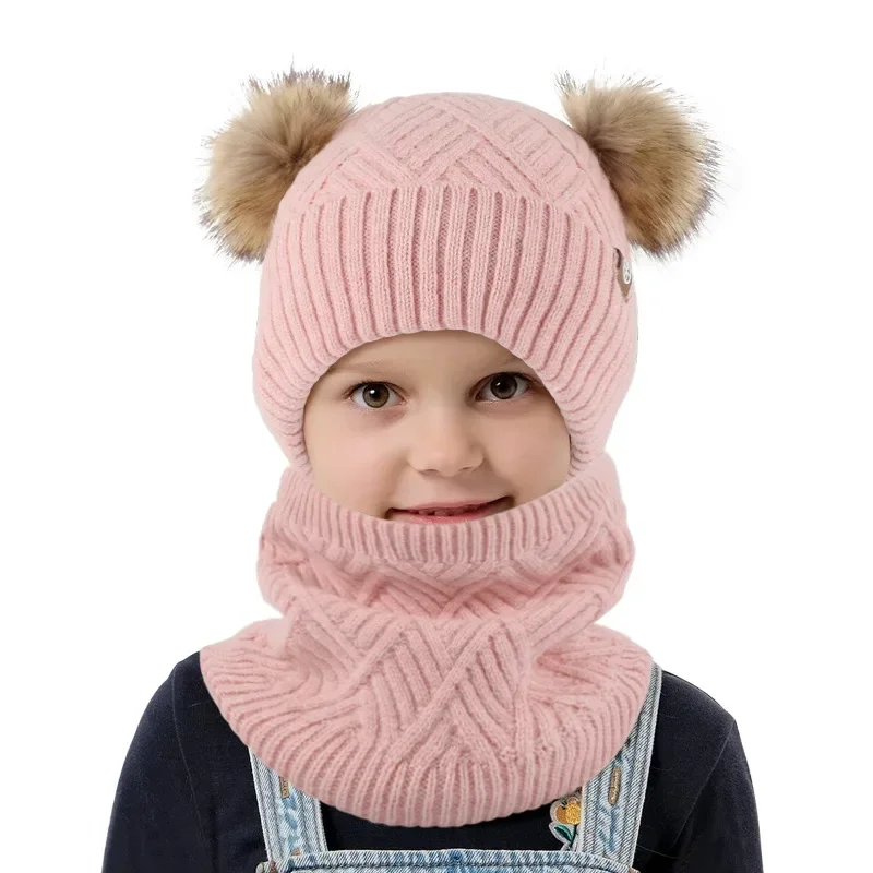 

Wool Blend Warm Knitted Hat Scarf Gloves Set for Children 3 in 1 Winter Cute Kids Double Pompom Beanie Hat Scarf Gloves Set