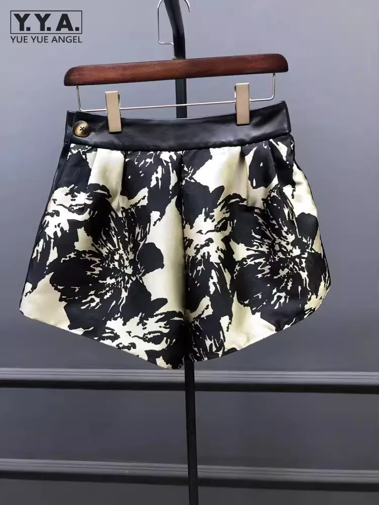 

Chinese Style Floral Printed Women Shorts Spliced Sheepskin Genuine Leather Wide Leg Flare Shorts Slim Fit Ladies Vintage Shorts