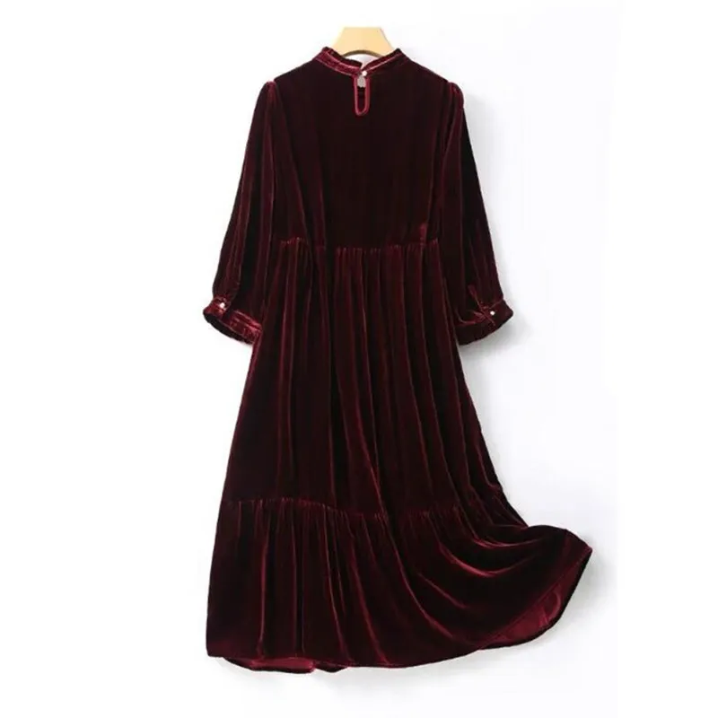 England style women elegant velvet Button dress office lady Ruffle velour dress,Spring Autunm party dresses prom Vestidos robe