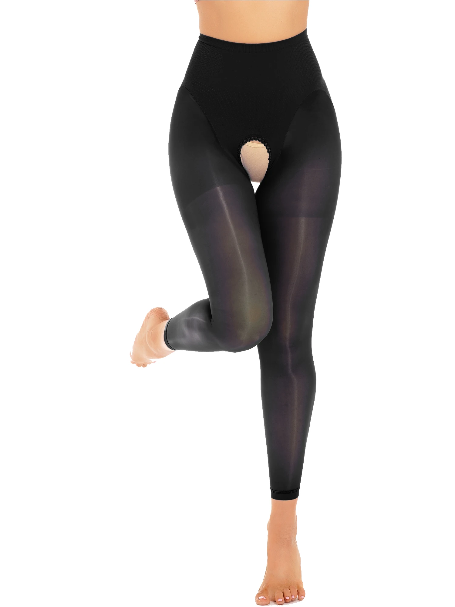 Women's Oil Silk Sheer Open Crotch Pantyhose Sexy Hollow Out Suspender Legging Tights Thigh See-through High Waist Stockings