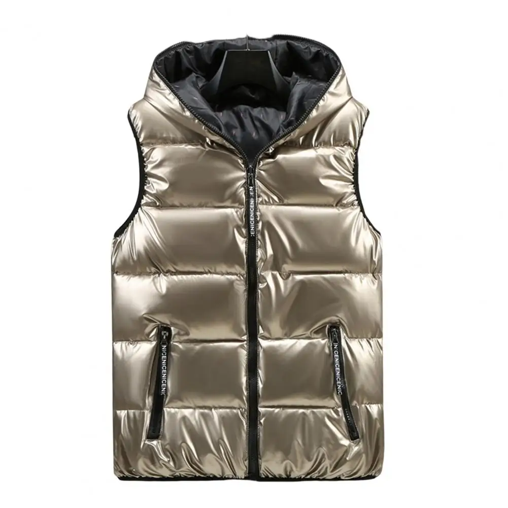 

2024 New Men Thicken Hooded Vest Winter Warm Cotton-Padded Solid Color Waistcoat Waterproof Windprrof Big Zipper