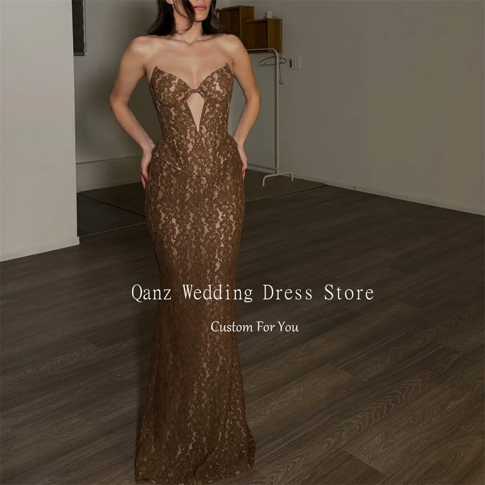Qanz-vestidos de noche con Apliques de encaje marrón, escote en forma de corazón, sin mangas, sirena, vestidos para ocasiones a medida, vestido de fiesta con corsé personalizado