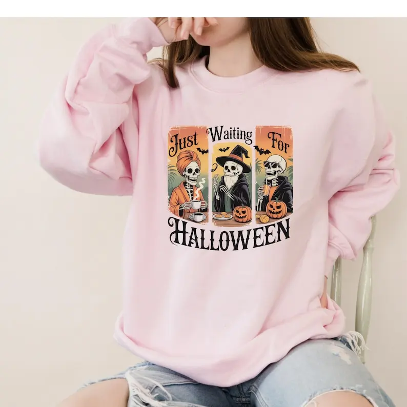 Outono apenas esperando para o dia das bruxas moletom tis a temporada t engraçado esqueleto halloween moletom esqueleto dança com capuz topos