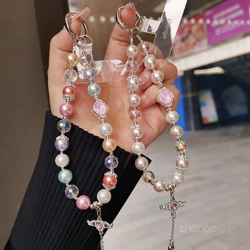 Multicolor Pearl Crystal Bead Phone Wrist Strap Pink Gem Charm Detachable Anti-lost Hand Lanyard with Metal Ring