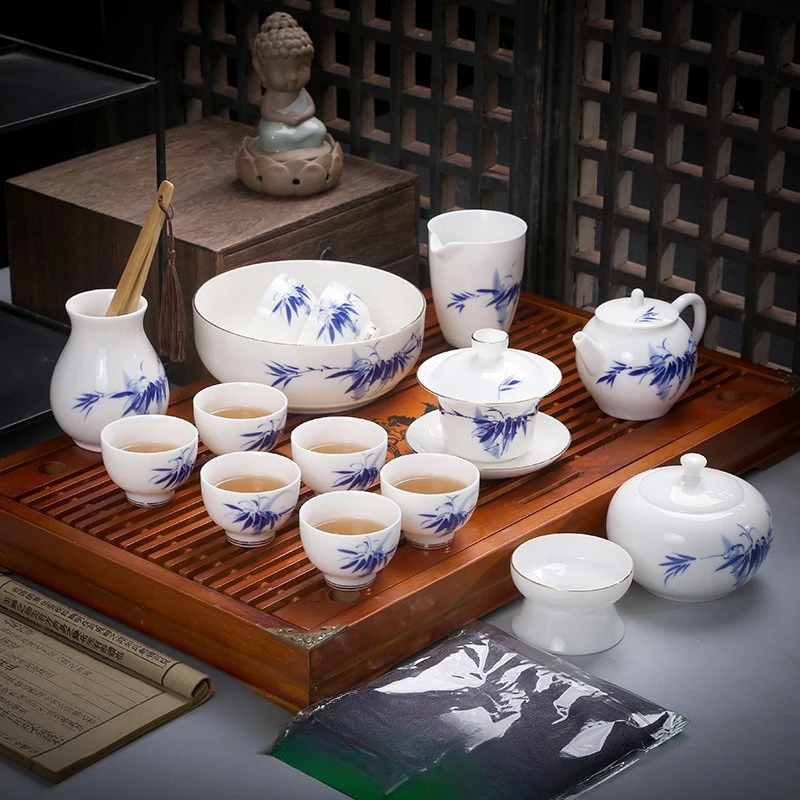Blue and white hand-painted Kung Fu tea set, business housewarming gift