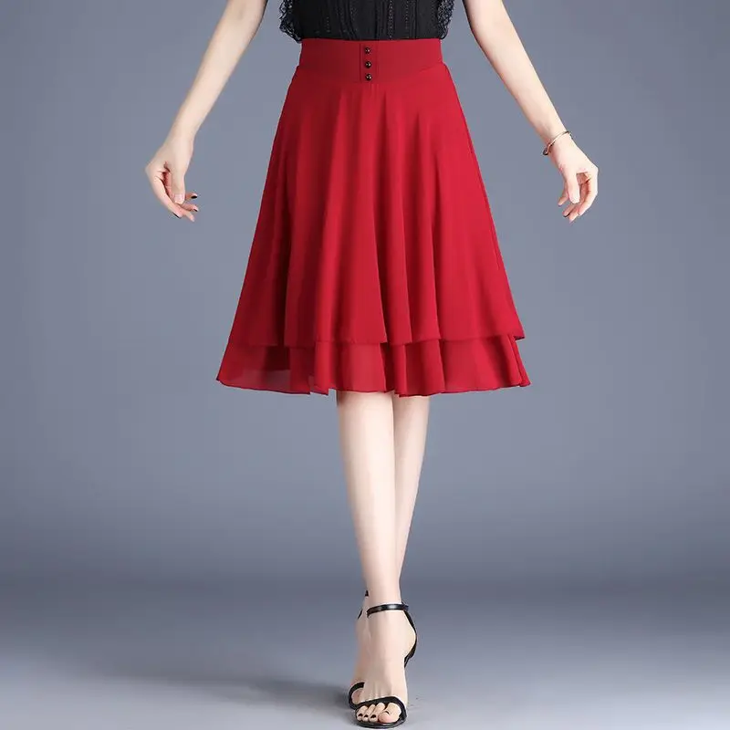 Elegant Elastic Spliced Solid Color Chiffon A-Line Skirts Women's Clothing 2025 Summer New Loose Office Lady High Waist Skirts