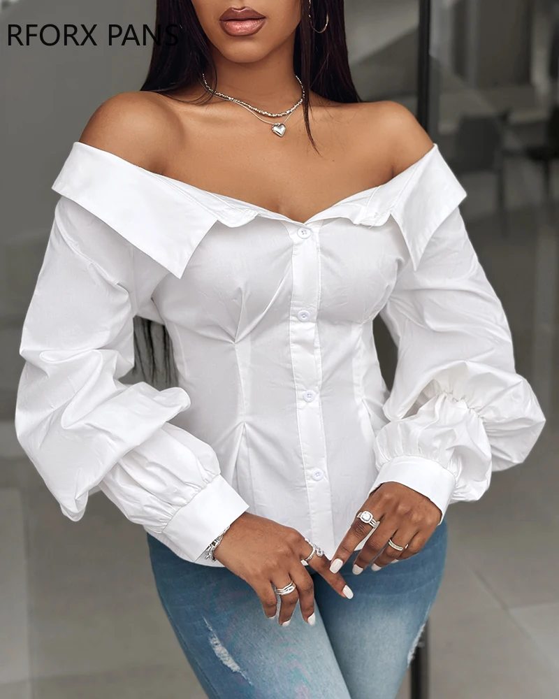 Women Chic Solid Off Shoulder Button Long Sleeves Casual Blouses Tops