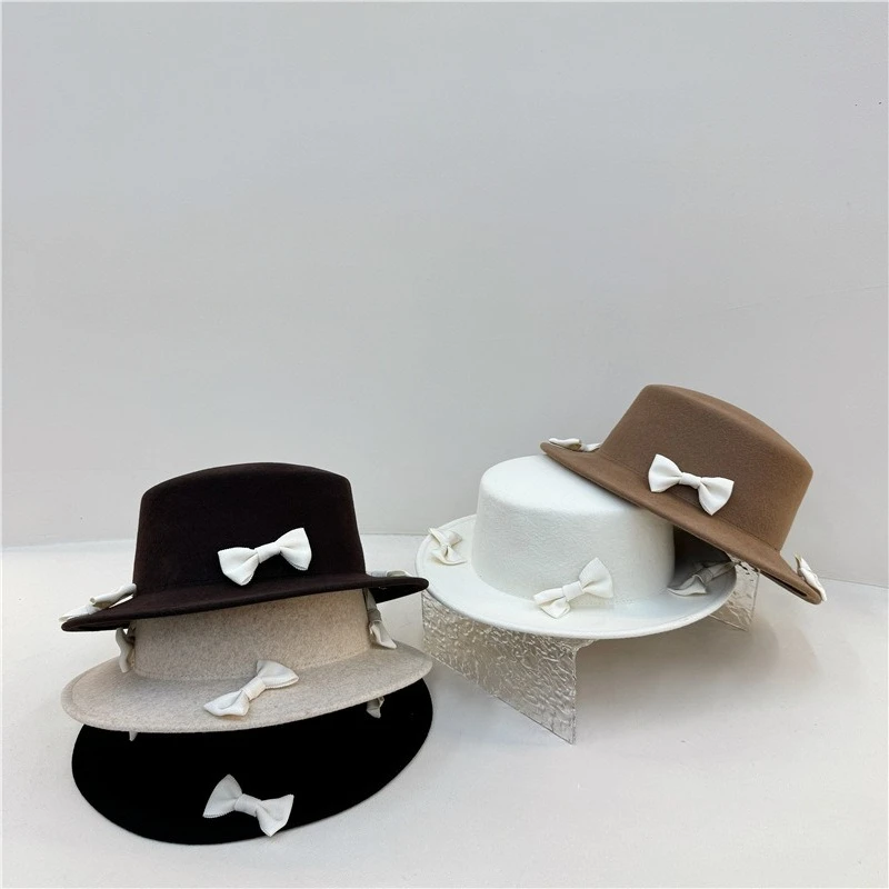 French Exquisite Fashionable Small Bow Wool Flat-top Hat New Autumn Winter Ladies Cute Playful Suitable Elegant Fashion Hat