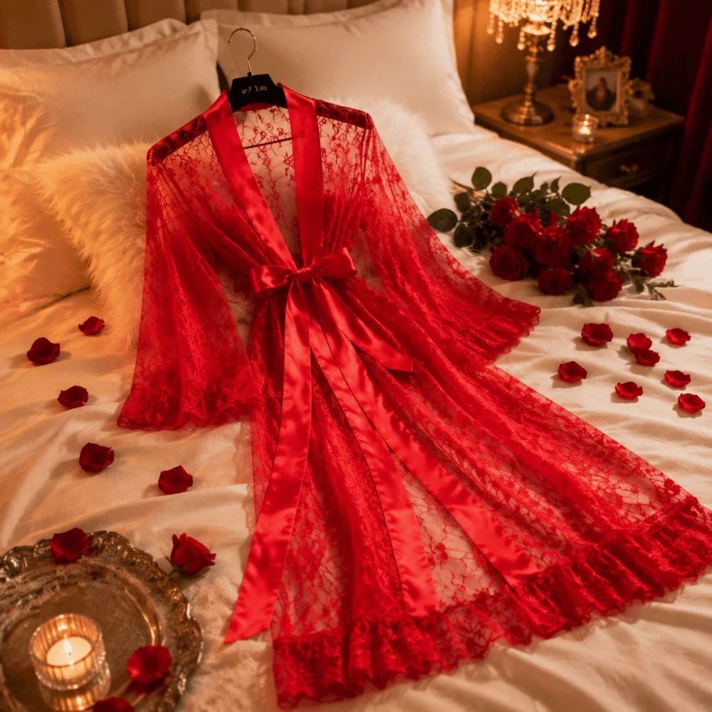 Long Sleeve Long Lace Robes Hollow Out Ultra-thin Sheer Robes Dress Transparent Nightdress Lady Pajamas Wedding Anniversary