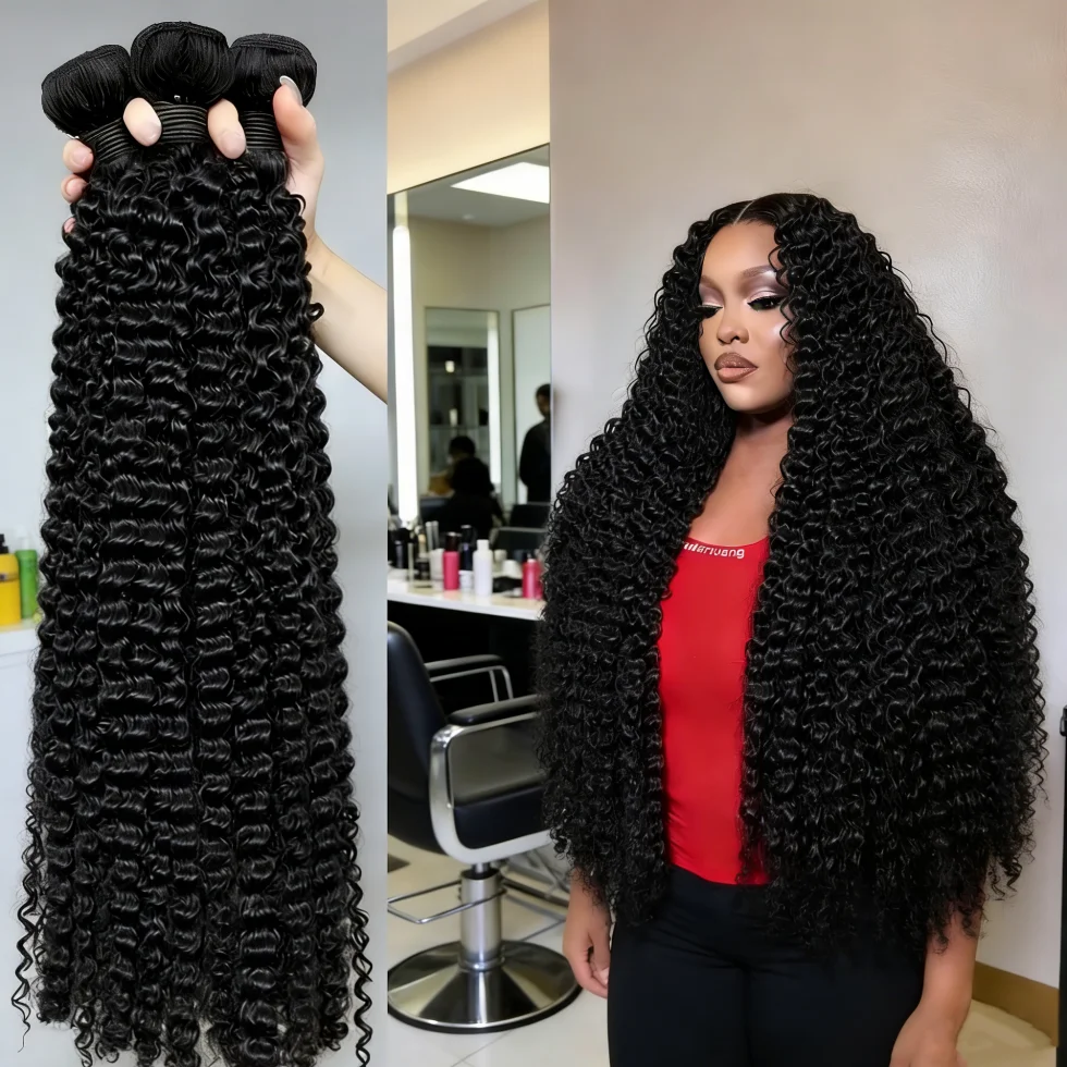 Extensions de cheveux humains bouclés profonds, double trame, 30-36 pouces, Remy, non traités, vierges, ondulés, 3 ou 4 paquets