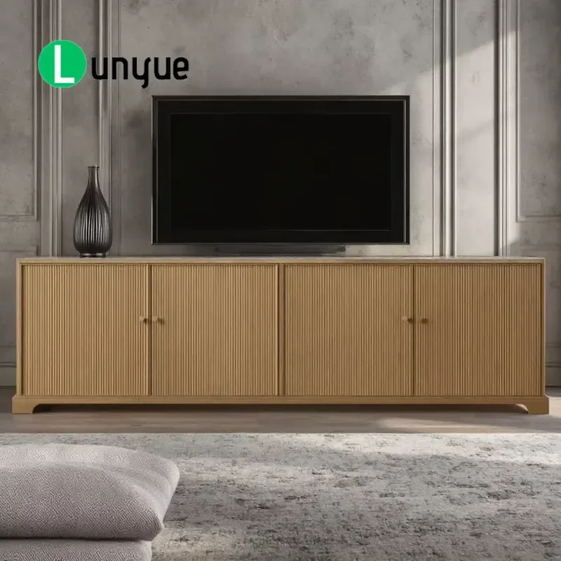 Modern American Living Room Furniture Set Stone Top TV Stand Oak 4 Door Media Console For Home Entertainment Center Storage