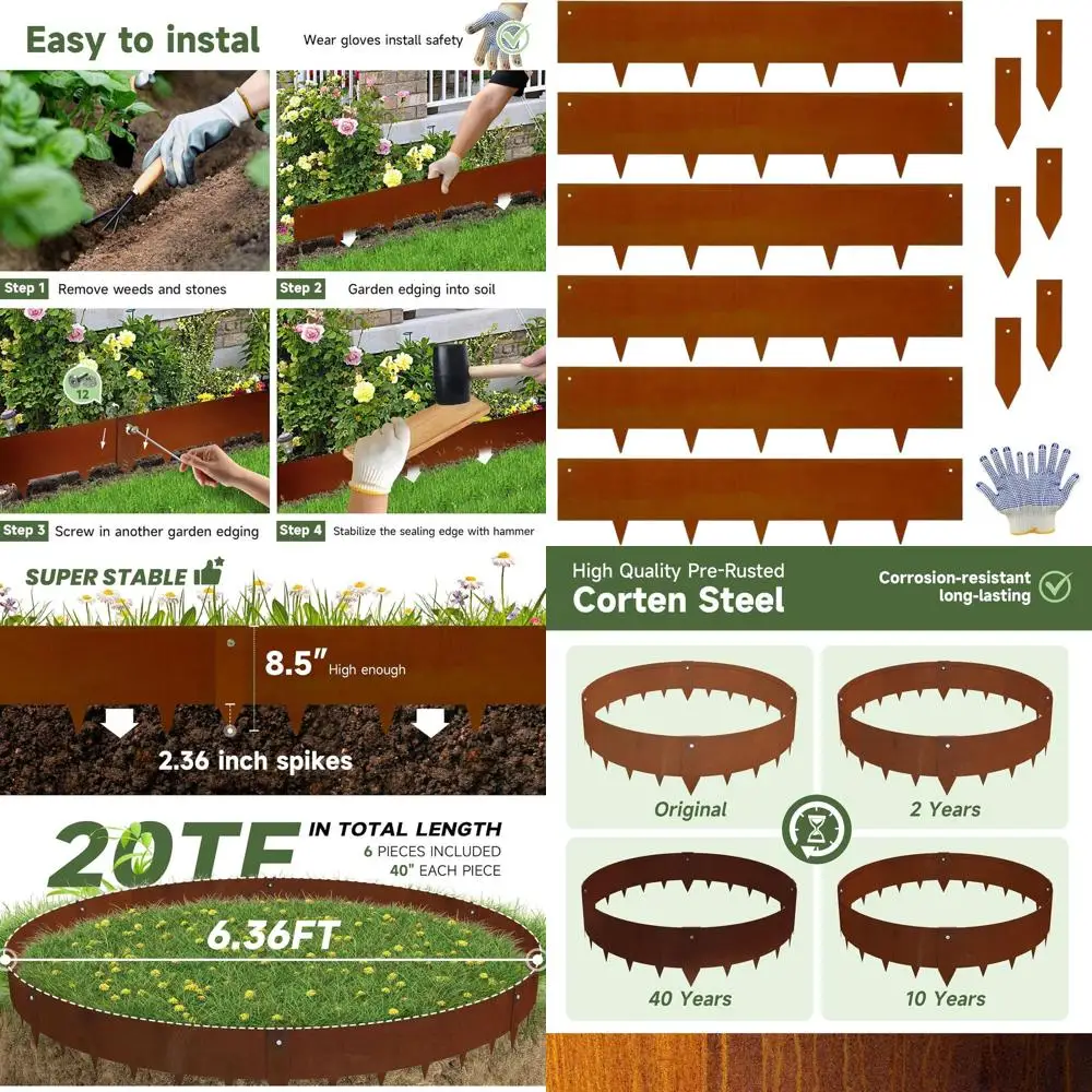

40-Inch Tall Rusted Metal Garden Edging, 20 Feet Total, Bendable and Hammer-Installable, 6 Pieces with Clips for Lawn and Pathwa