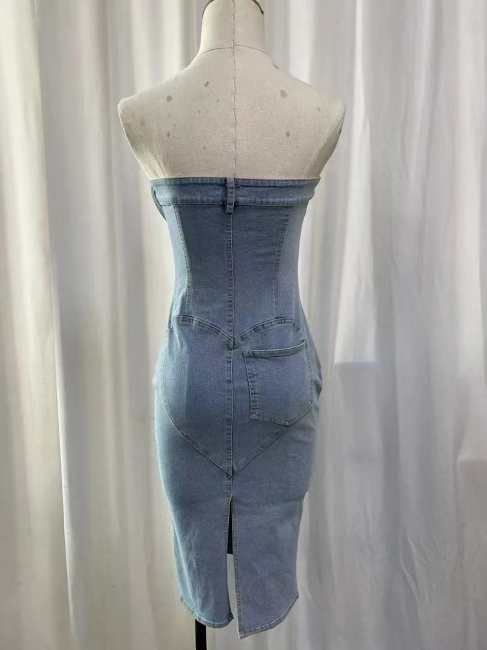 2025 printemps et été nouveau bustier tubulaire taille tridimensionnelle fleur mince robe mi-longue robe en jean lavé Sexy-GZDL108