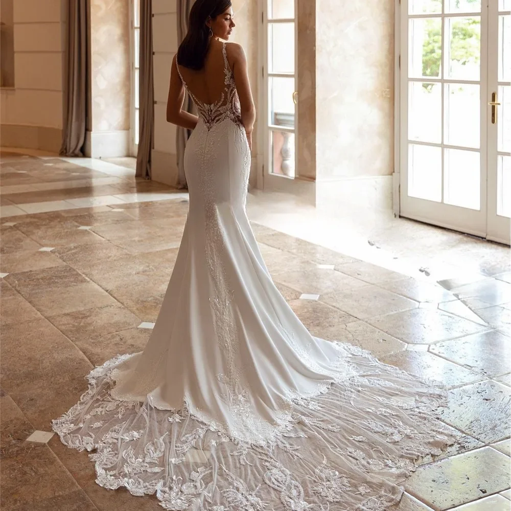 CustomizedLuxury V-neck Mermaid Wedding Dresses Spaghetti Straps Lace Appliques Robe Backless Bridal GownVestidos De Novia